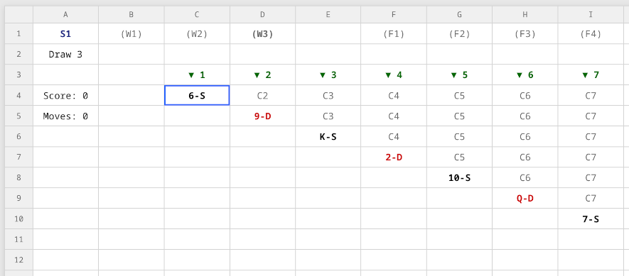 Sneaky Solitaire game board — a spreadsheet grid with card values, stock, waste, foundation and maneuver columns